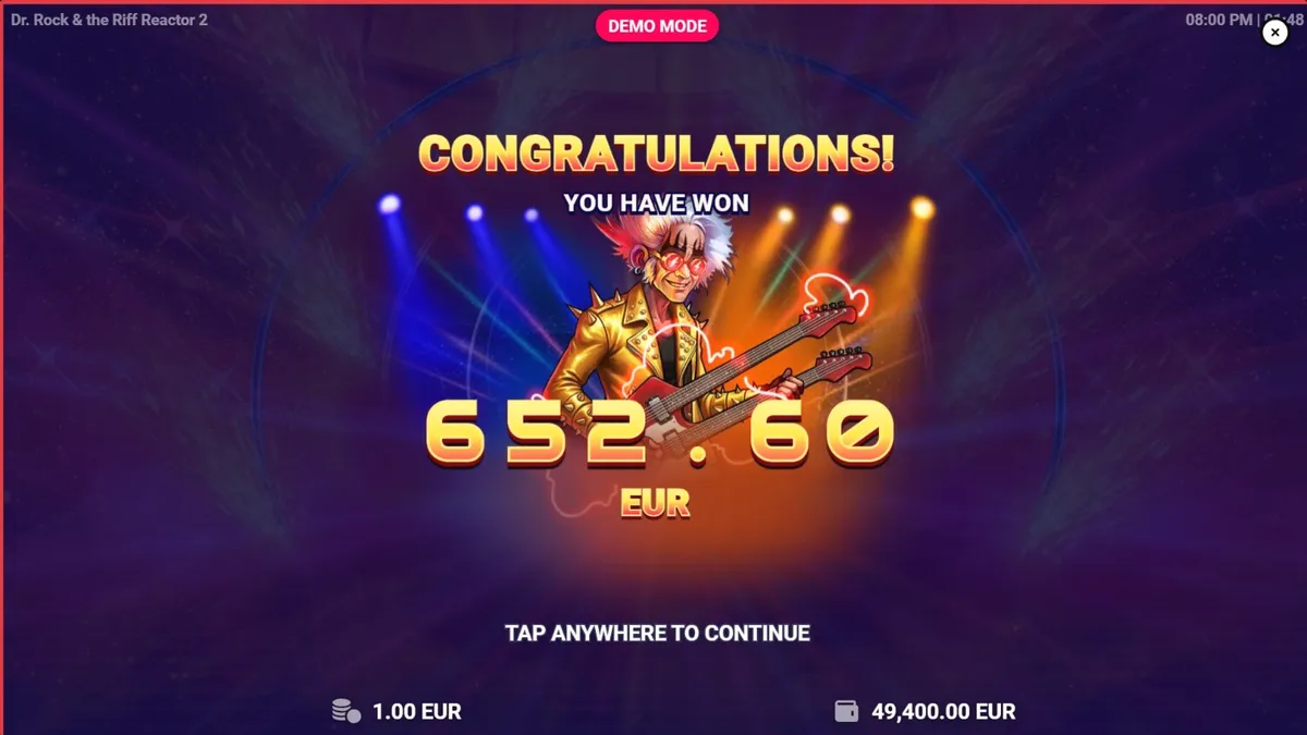 Dr. Rock & the Riff Reactor 2 slot game interface with neon rock concert theme