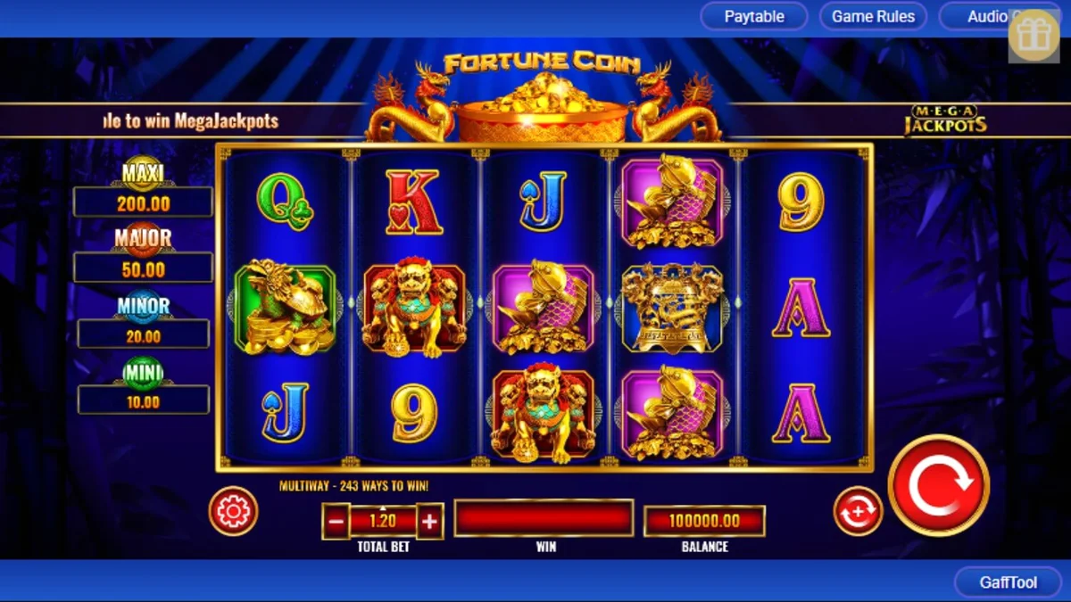 Fortune Coin Mega Jackpot slot machine interface with golden coins and dragon symbols