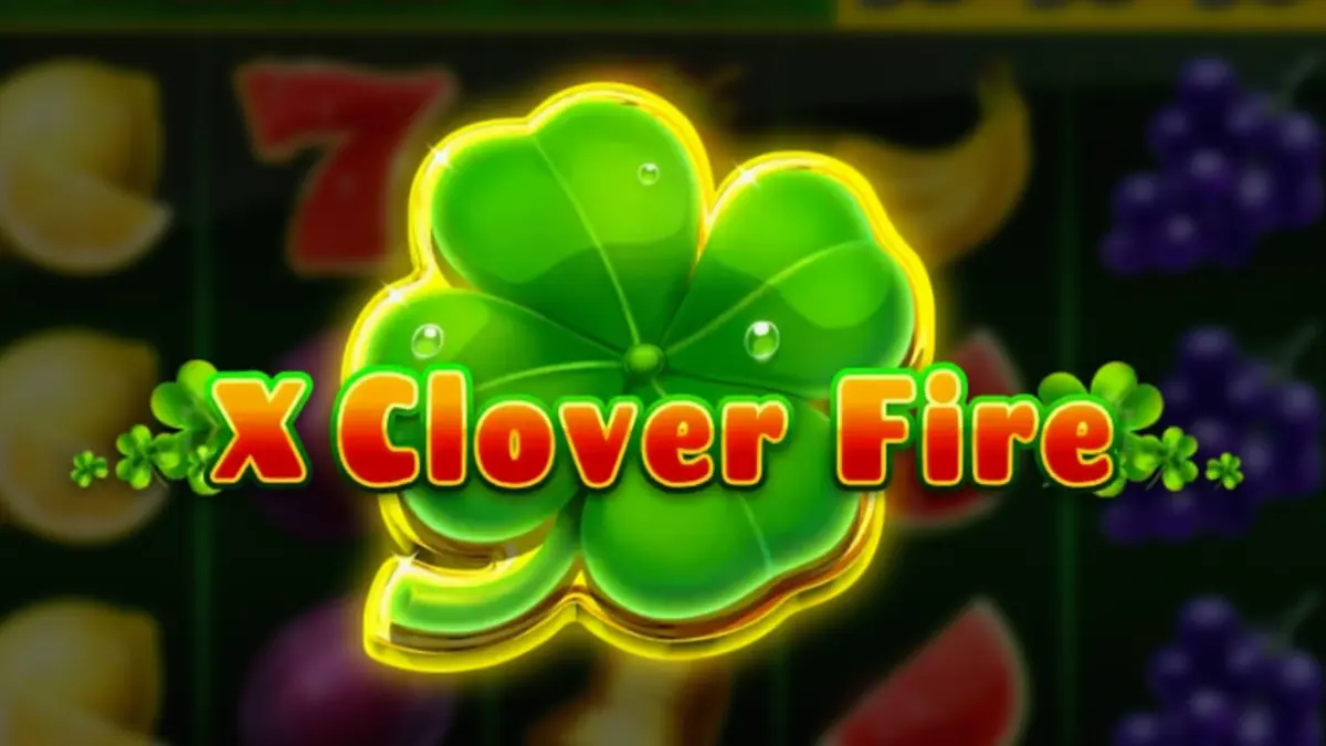 Tampilan visual slot X Clover Fire dengan simbol buah dan clover neon